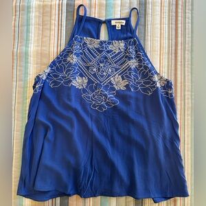 Eyeshadow Blue Halter Top with Floral Embroidery Size S
